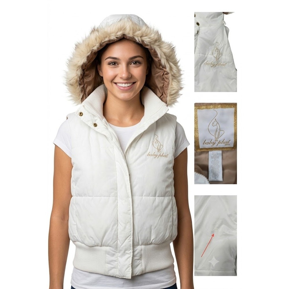 Vintage Baby Phat Puffer Vest Womens 2X White Faux Fur Hood Y2K Gold Logo Cat